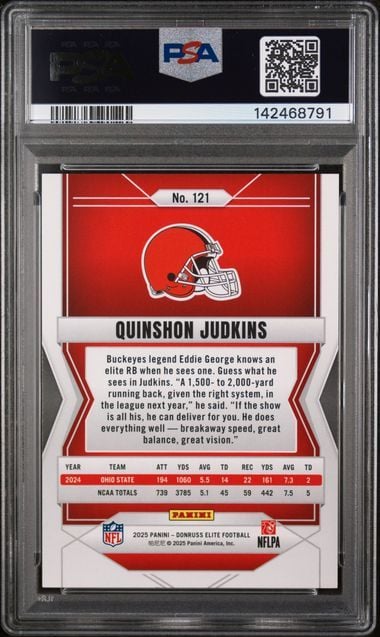 Graded 2025 Donruss Elite Quinshon Judkins #121 /849 Status Metallic Orange Rookie RC Football Card PSA 9 Mint