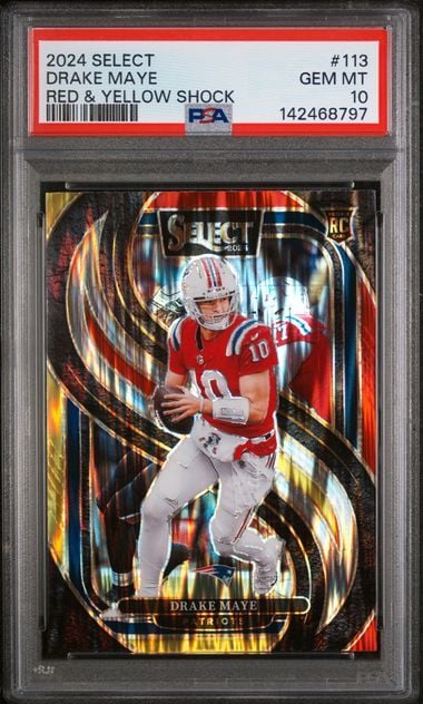 Graded 2024 Panini Select Drake Maye #113 Red & Yellow Shock Rookie RC Football Card PSA 10 Gem Mint