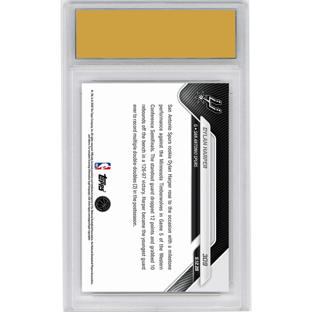 Graded 2025 Topps Now Dylan Harper #309 Youngest Guard Ever with Multiple Playoff Double Doubles San Antonio Spurs Rookie RC Basketball Card HOFSM 10 Gem Mint