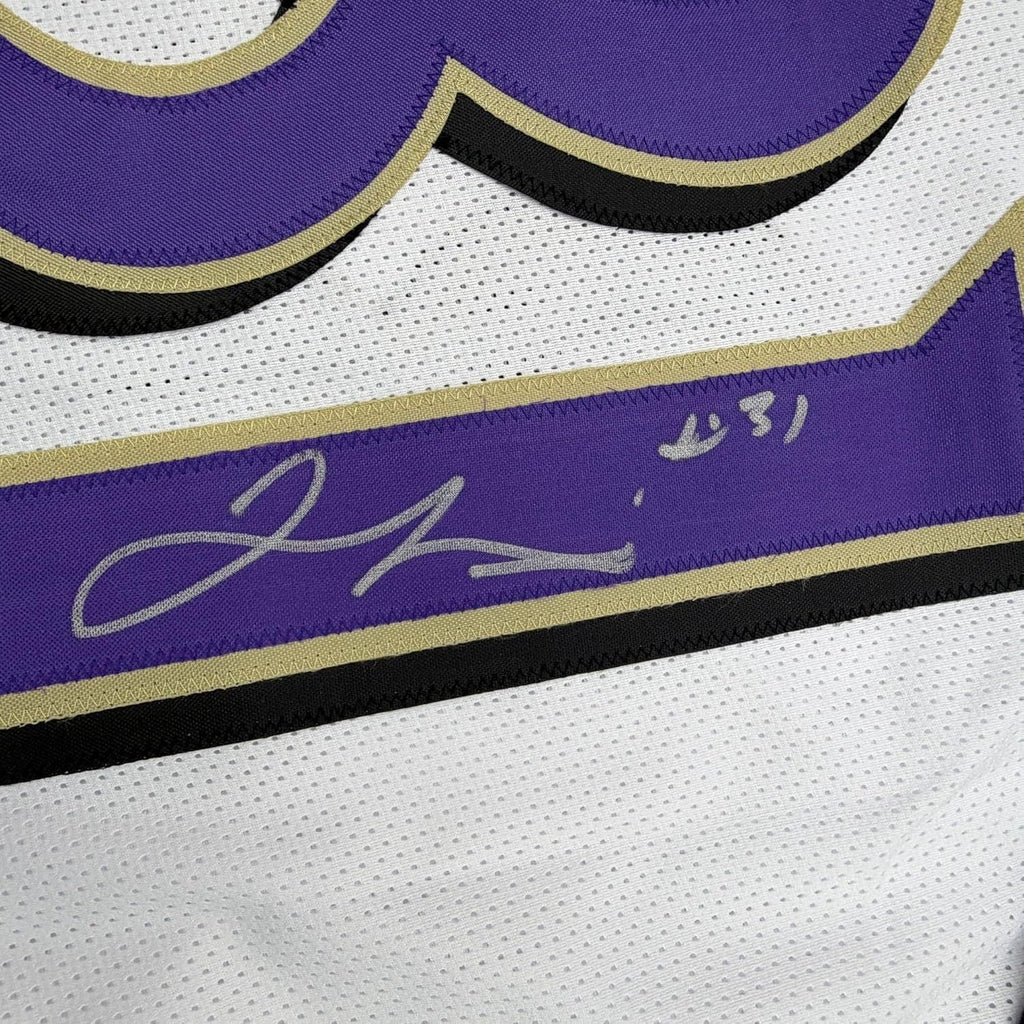 Framed Autographed/Signed Jamal Lewis 35x39 Baltimore White Football Jersey Beckett BAS COA