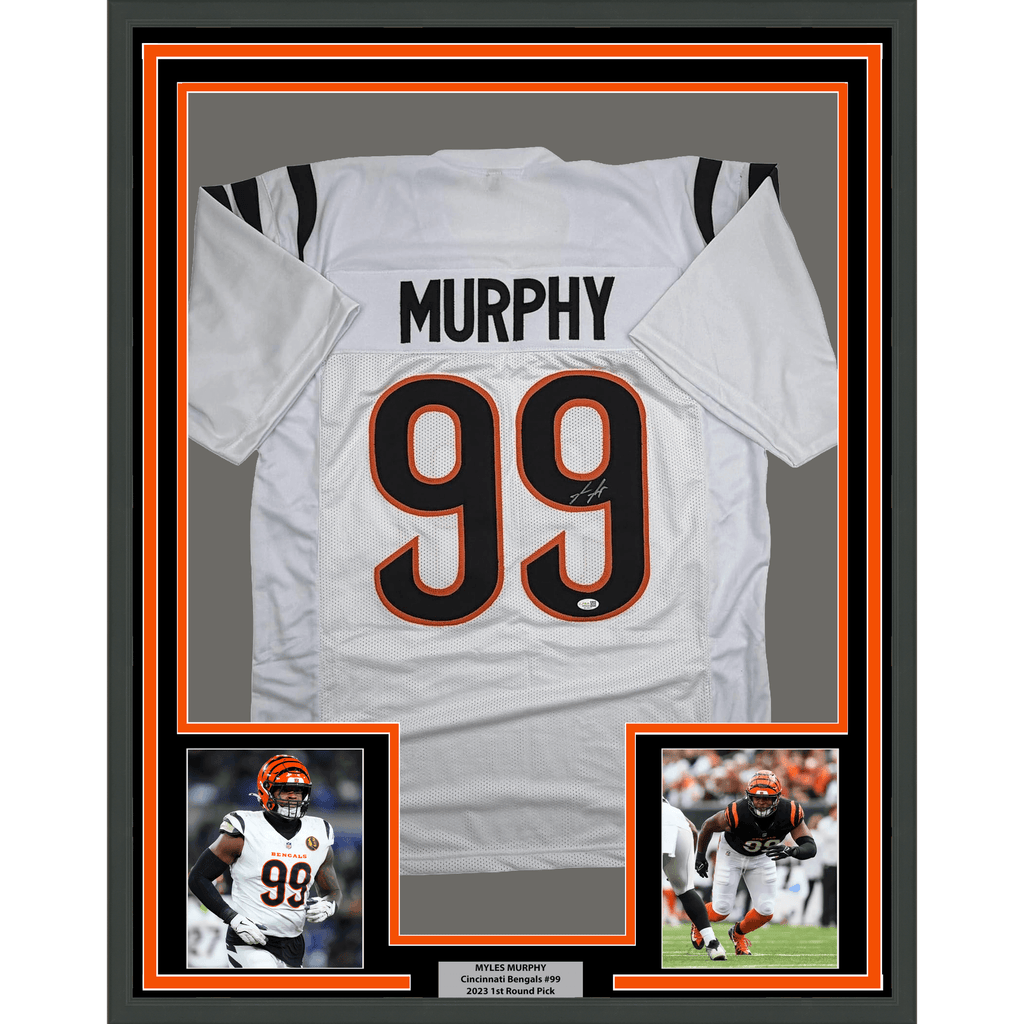 Framed Autographed/Signed Myles Murphy 35x39 Cincinnati White Football Jersey JSA COA
