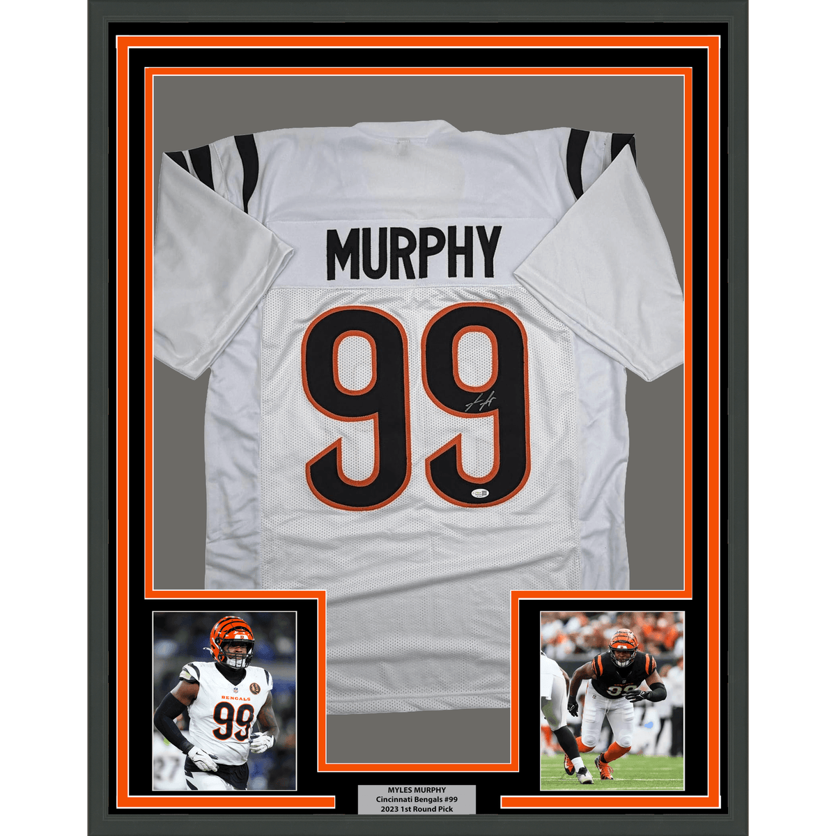 Framed Autographed/Signed Myles Murphy 35x39 Cincinnati White Football Jersey JSA COA