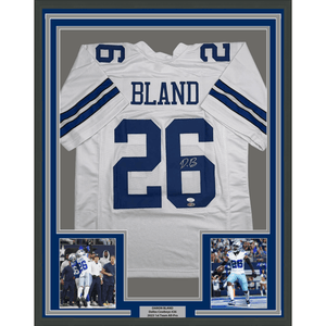 Framed Autographed/Signed Daron Bland 35x39 Dallas White Football Jersey JSA COA