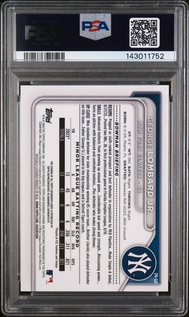 Graded 2024 Topps Bowman George Lombard Jr #CPAGLO Chrome Prospect Autograph 1st Bowman Rookie RC Baseball Card PSA 10 Gem Mint