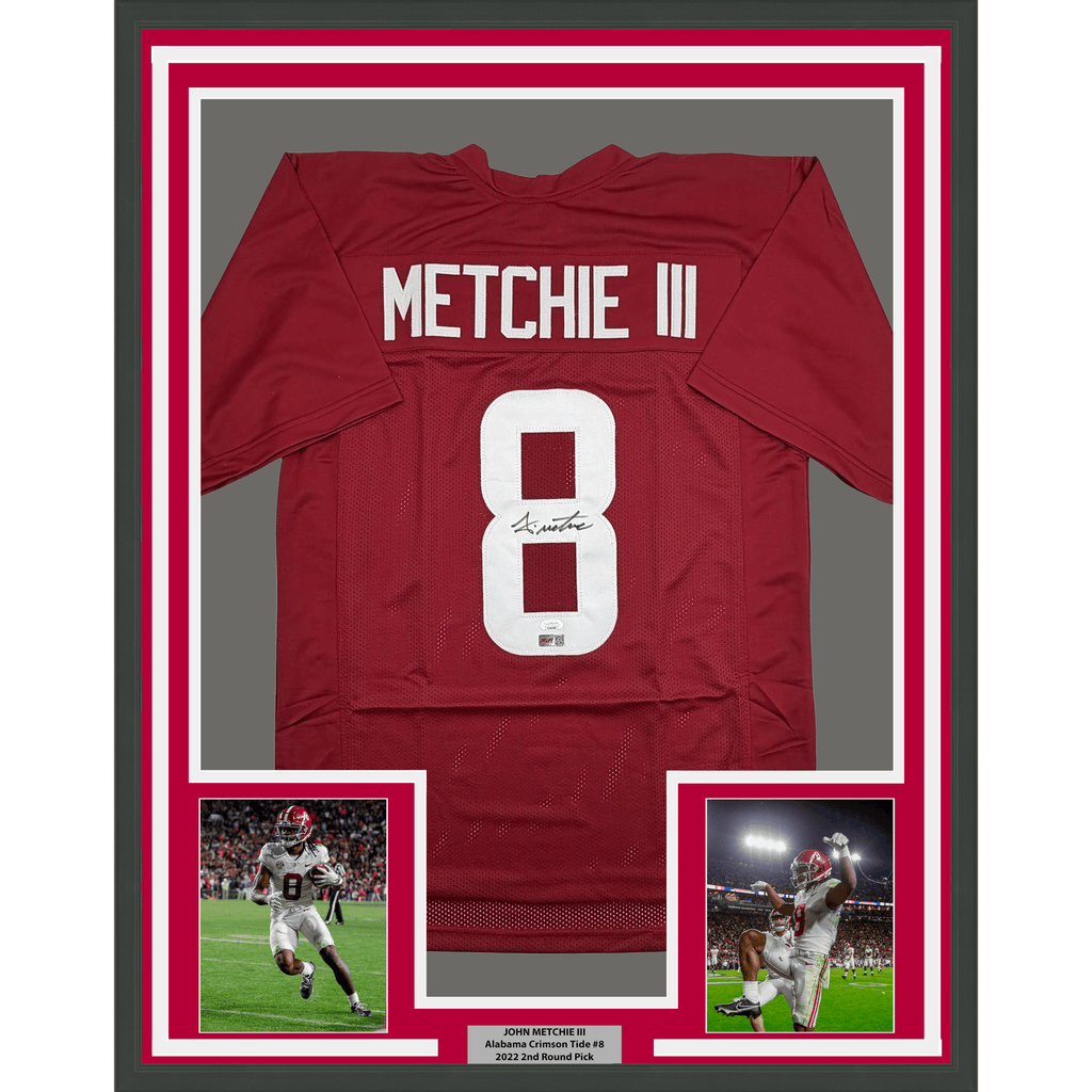 Framed Autographed/Signed John Metchie III 35x39 Alabama Red College Football Jersey JSA COA