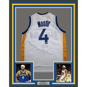 Framed Autographed/Signed Moses Moody 35x37 Golden State White Basketball Jersey Beckett BAS COA