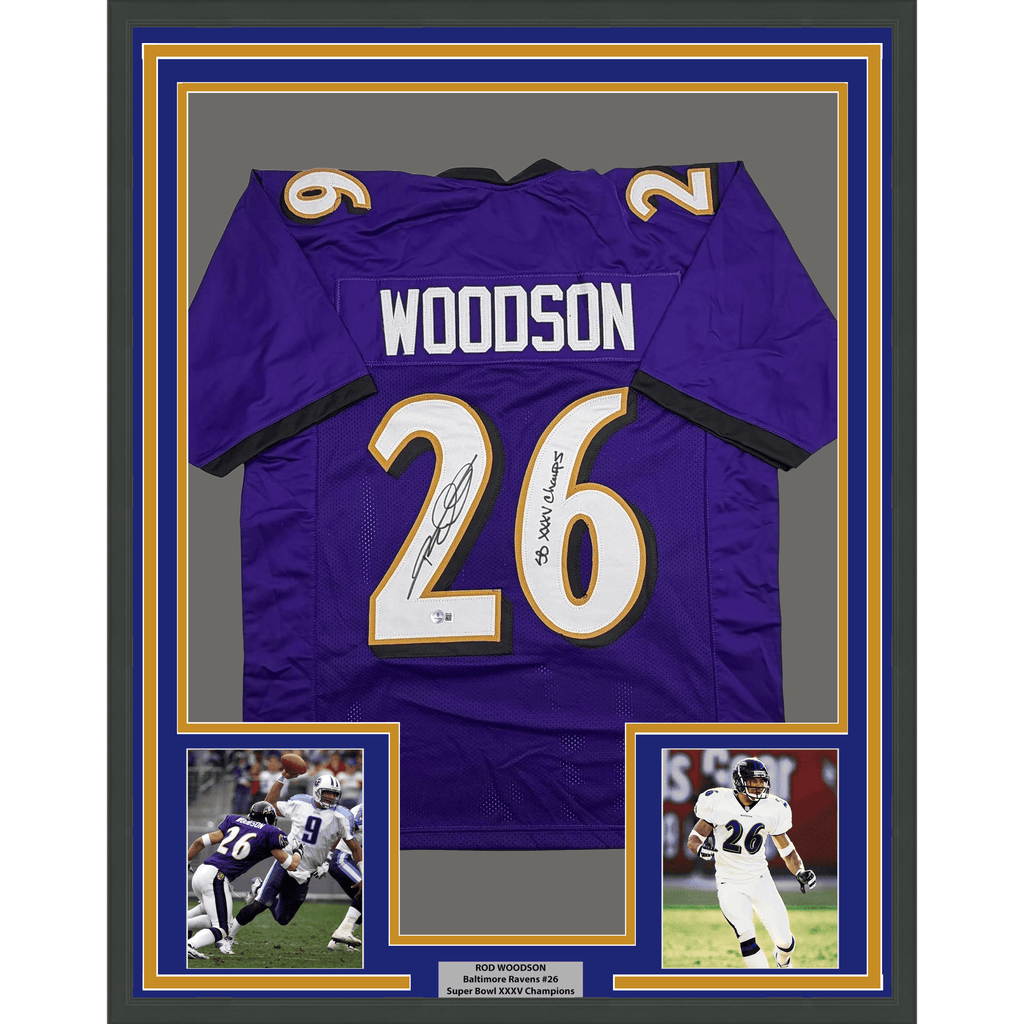 Framed Autographed/Signed Rod Woodson 35x39 SB XXXV Champs Baltimore Purple Football Jersey Beckett BAS COA