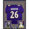 Framed Autographed/Signed Rod Woodson 35x39 SB XXXV Champs Baltimore Purple Football Jersey Beckett BAS COA