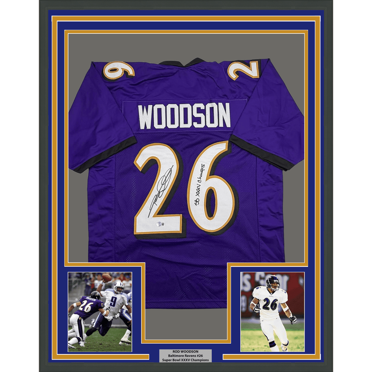 Framed Autographed/Signed Rod Woodson 35x39 SB XXXV Champs Baltimore Purple Football Jersey Beckett BAS COA