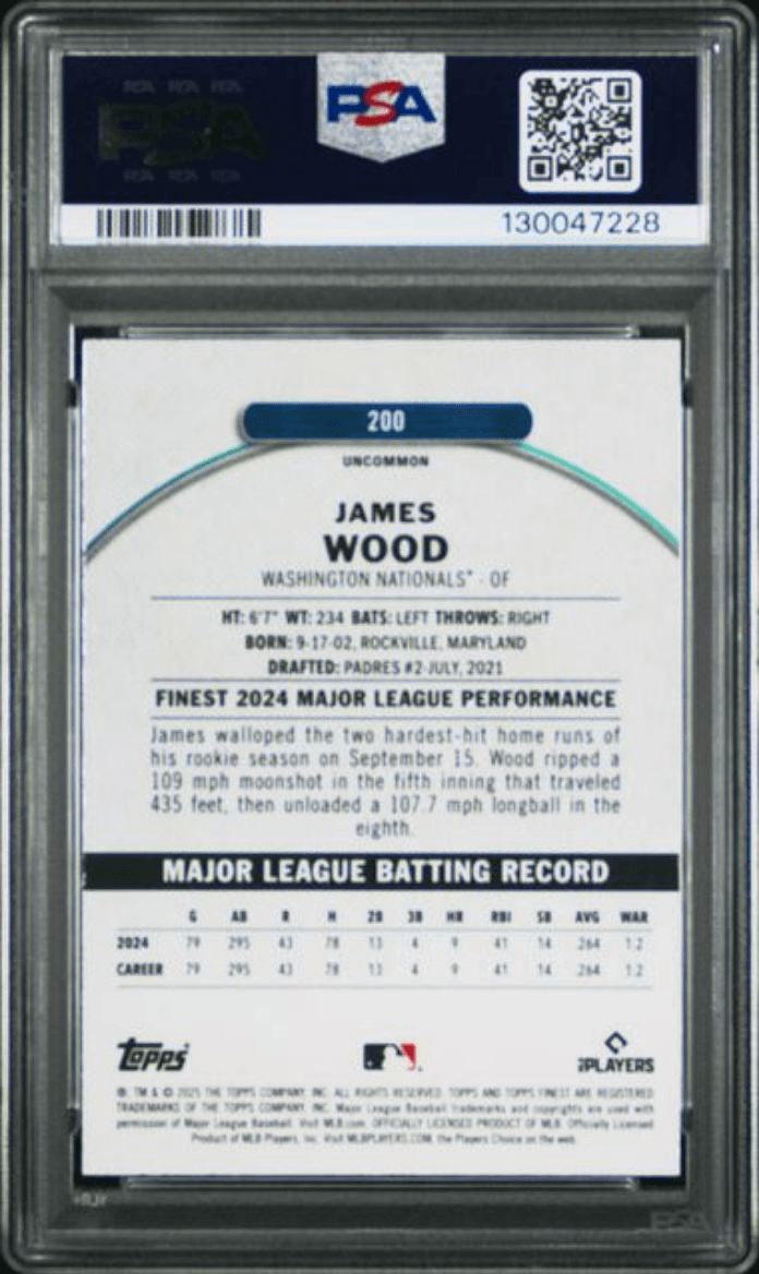 Graded 2025 Topps Finest James Wood #200 Blue Refractor /150 Rookie RC Baseball Card PSA 10 Gem Mint