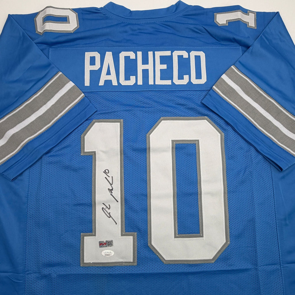 Autographed/Signed Isiah Pacheco Detroit Blue Football Jersey JSA COA