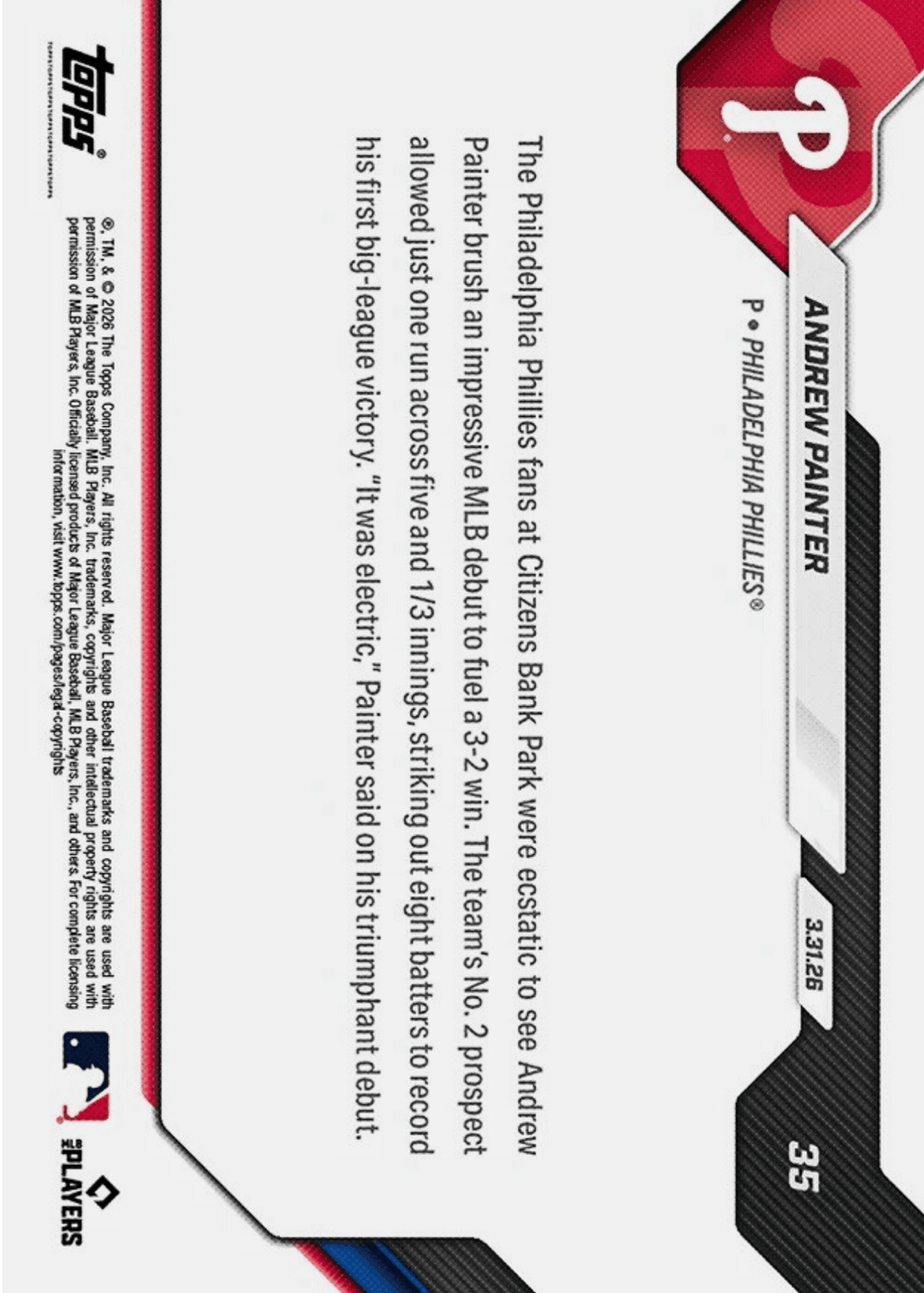 2026 Topps Now Andrew Painter #35 Orange Foil /25 Club Top Pitching Prospect Dazzles in MLB Debut Philadelphia Phillies Rookie RC Baseball Card