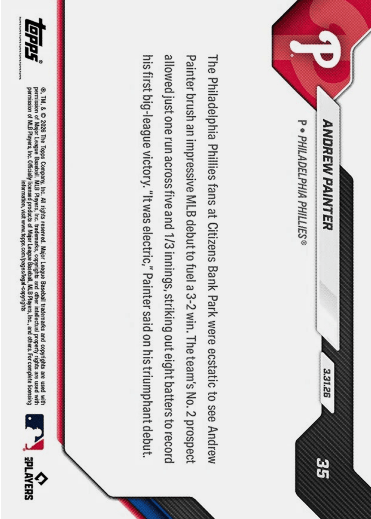 2026 Topps Now Andrew Painter #35 Gold Foil /50 Club Top Pitching Prospect Dazzles in MLB Debut Philadelphia Phillies Rookie RC Baseball Card