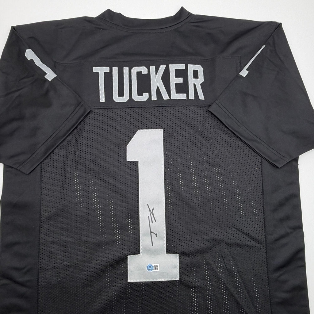 Autographed/Signed Tre Tucker Oakland Las Vegas Black Football Jersey Beckett BAS COA