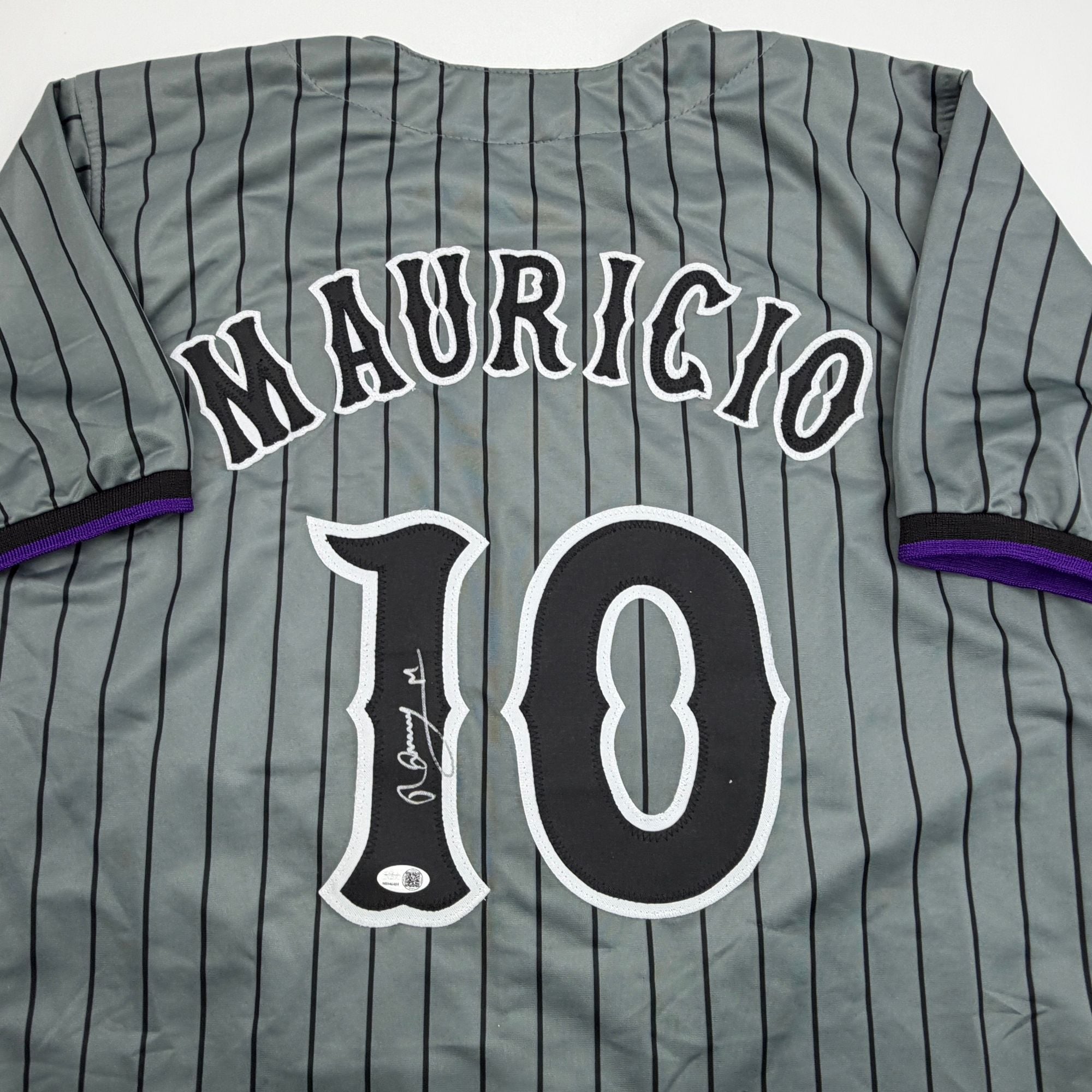 Autographed/Signed Ronny Mauricio New York Grey Pinstripe City Connect Baseball Jersey Beckett BAS COA