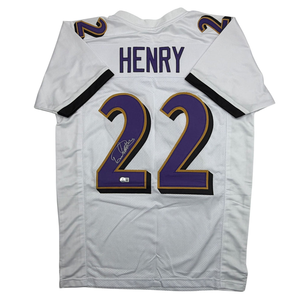 Autographed/Signed Derrick Henry Baltimore White Football Jersey Beckett BAS COA