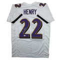 Autographed/Signed Derrick Henry Baltimore White Football Jersey Beckett BAS COA