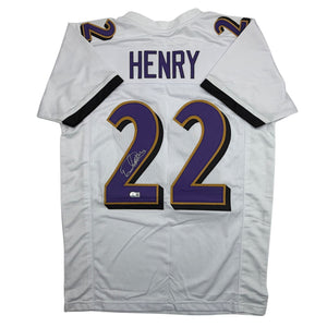 Autographed/Signed Derrick Henry Baltimore White Football Jersey Beckett BAS COA