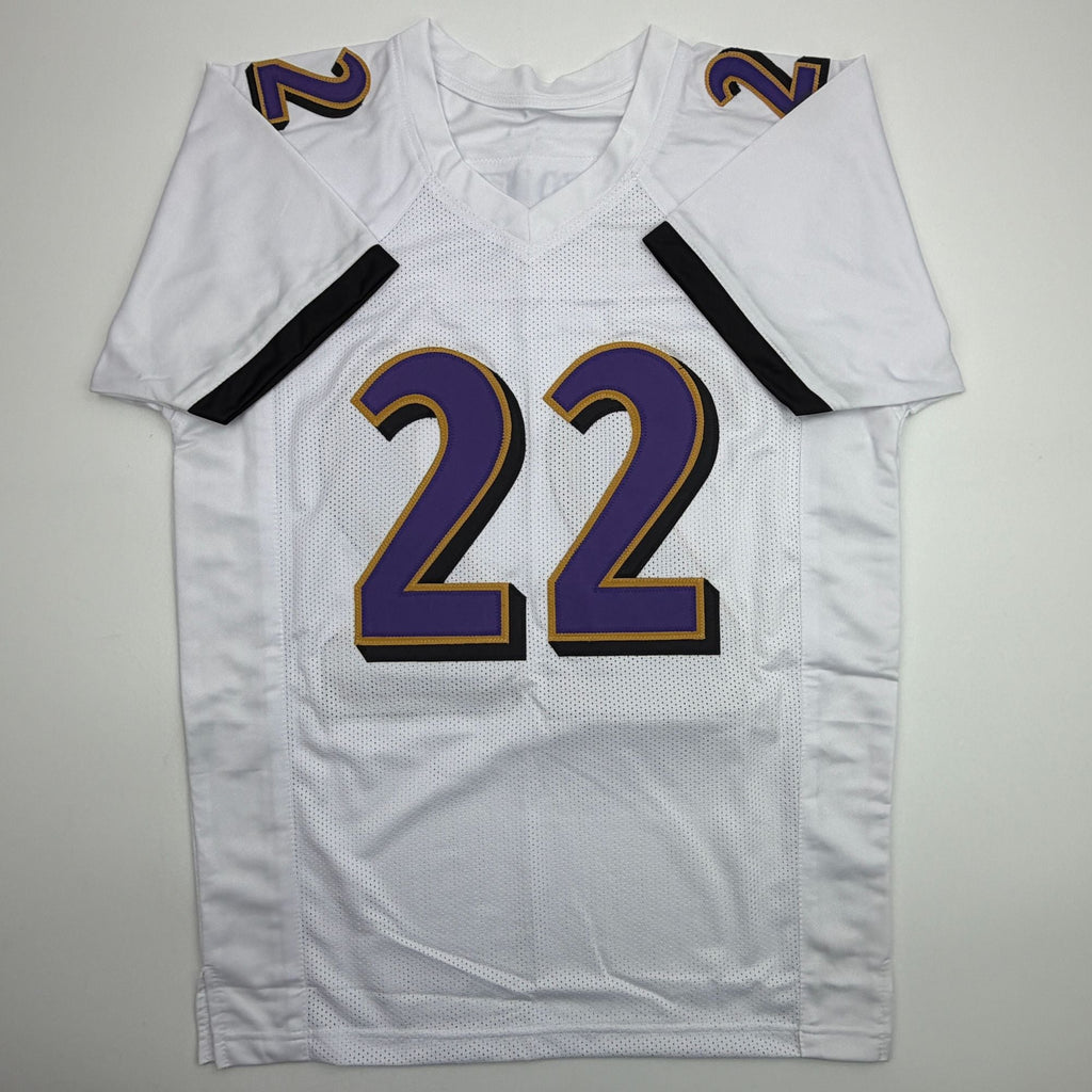 Autographed/Signed Derrick Henry Baltimore White Football Jersey Beckett BAS COA