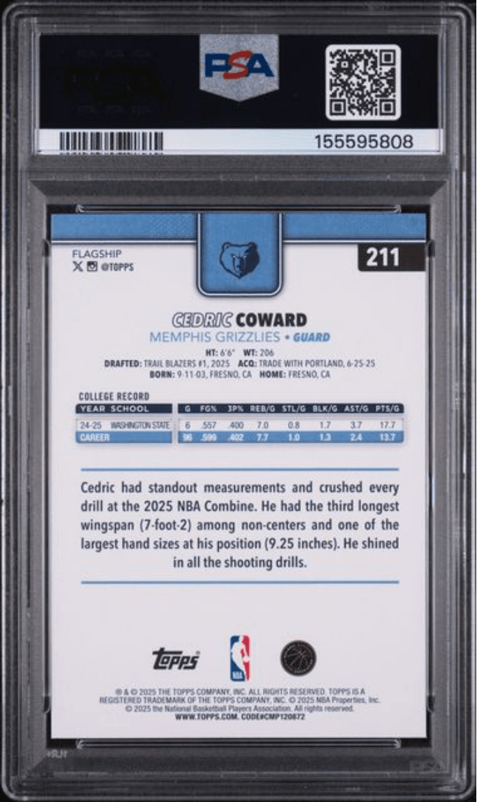 Graded 2025 Topps Cedric Coward #211 Rookie RC Basketball Card PSA 10 Gem Mint