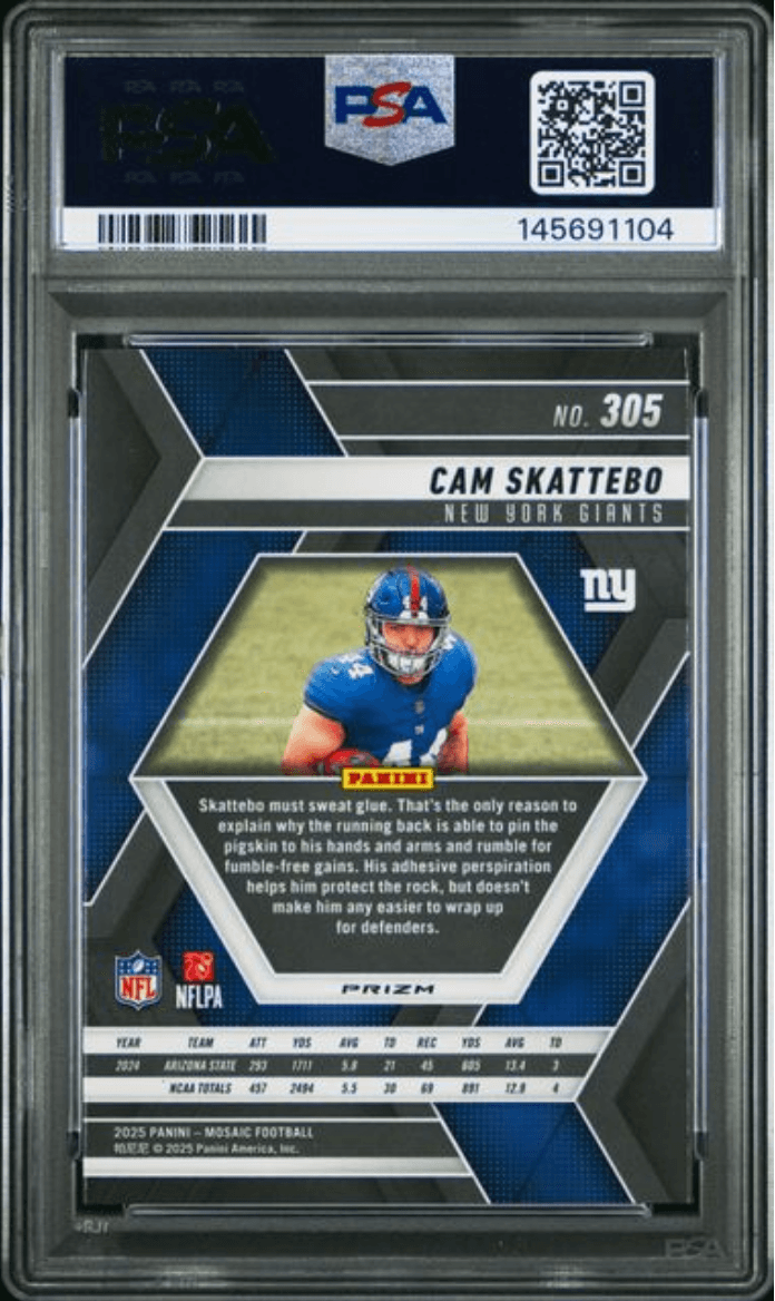Graded 2025 Panini Mosaic Cam Skattebo #305 Reactive Purple Rookie RC Football Card PSA 10 Gem Mint