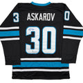 Autographed/Signed Yaroslav Askarov San Jose Black Hockey Jersey Beckett BAS COA