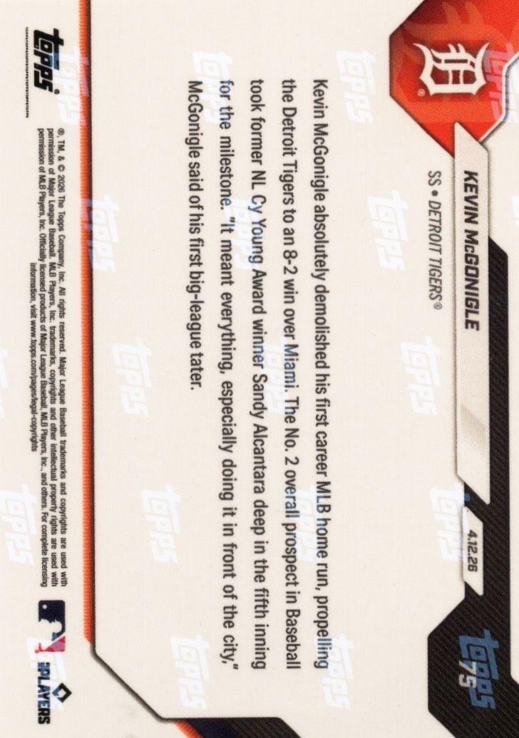 2026 Topps Now Kevin McGonigle #75 Black Foil /10 Blasts 1st Carer MLB Home Run in Series Sweep Detroit Tigers Rookie RC Baseball Card