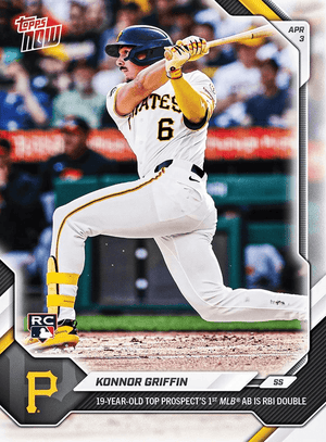 2026 Topps Now Konnor Griffin #49 19 Year Old Top Prospect's 1st MLB AB is RBI Double Pittsburgh Pirates Rookie RC Baseball Card