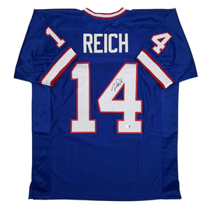 Autographed/Signed Frank Reich Buffalo Blue Football Jersey Beckett BAS COA