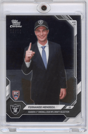 2026 Topps Now Fernando Mendoza #FMEN Black Chrome /10 Raiders 1st Overall 2026 NFL Draft Selection Las Vegas Raiders Rookie RC Football Card