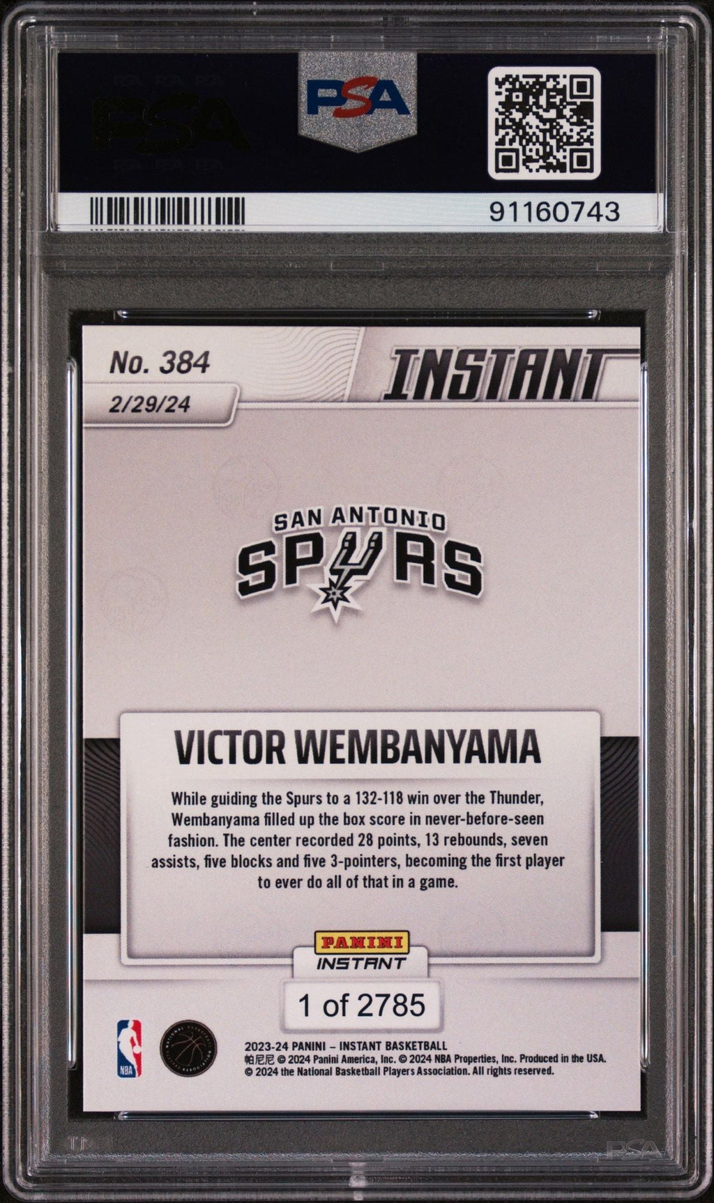 Graded 2023 Panini Instant Victor Wembanyama #384 Enters League of His Own Rookie RC Basketball Card PSA 10 Gem Mint