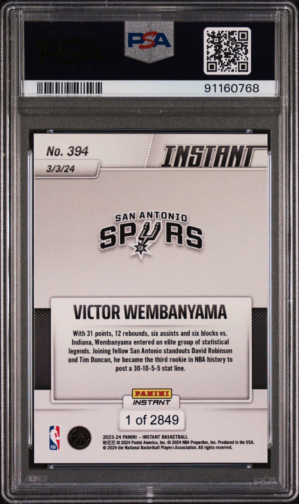 Graded 2023 Panini Instant Victor Wembanyama #394 Joins Elite Group Rookie RC Basketball Card PSA 10 Gem Mint