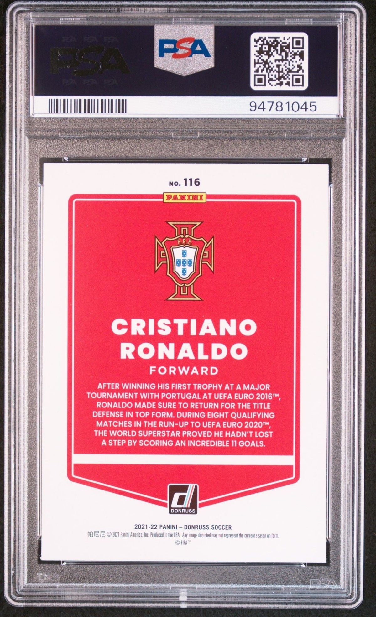 Graded 2021-22 Panini Donruss Road To Qatar Cristiano Ronaldo #116 Portugal World Cup Soccer Card PSA 10 Gem Mint