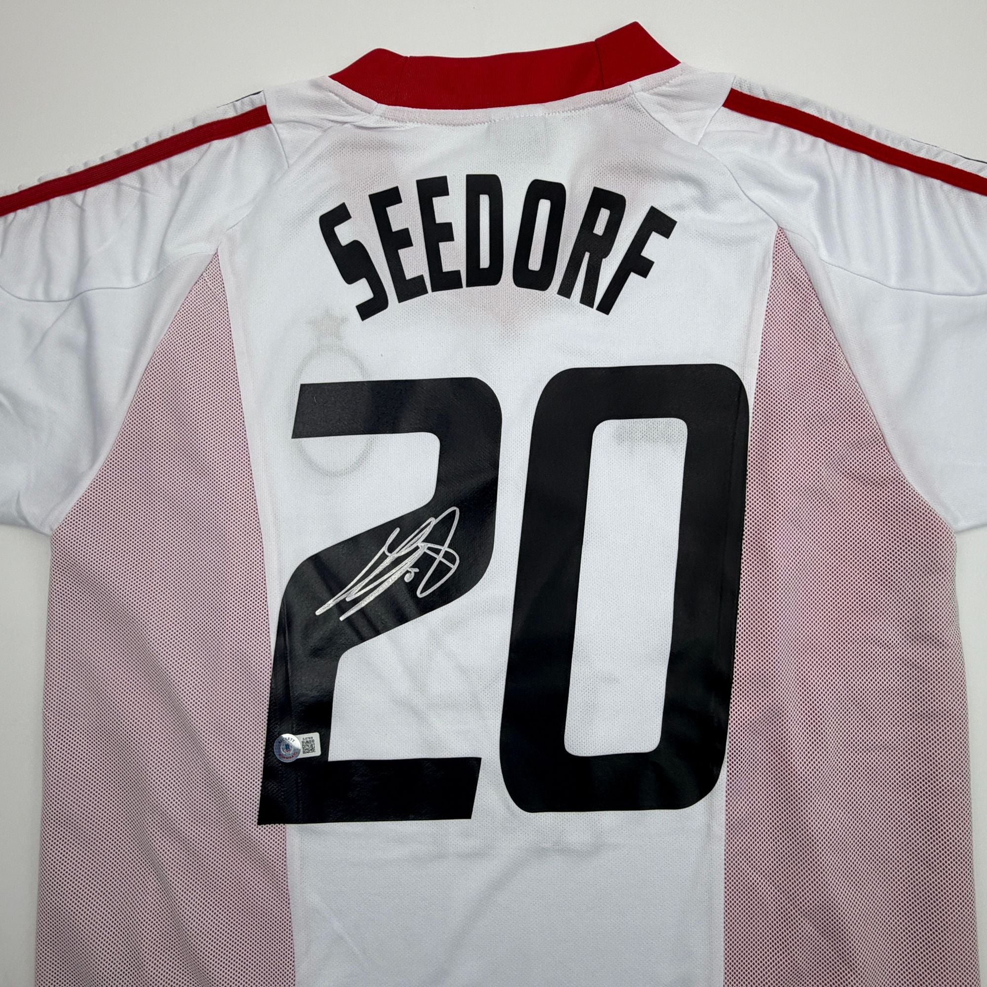 Autographed/Signed Clarence Seedorf AC Milan White Soccer Futbol Jersey Beckett BAS COA