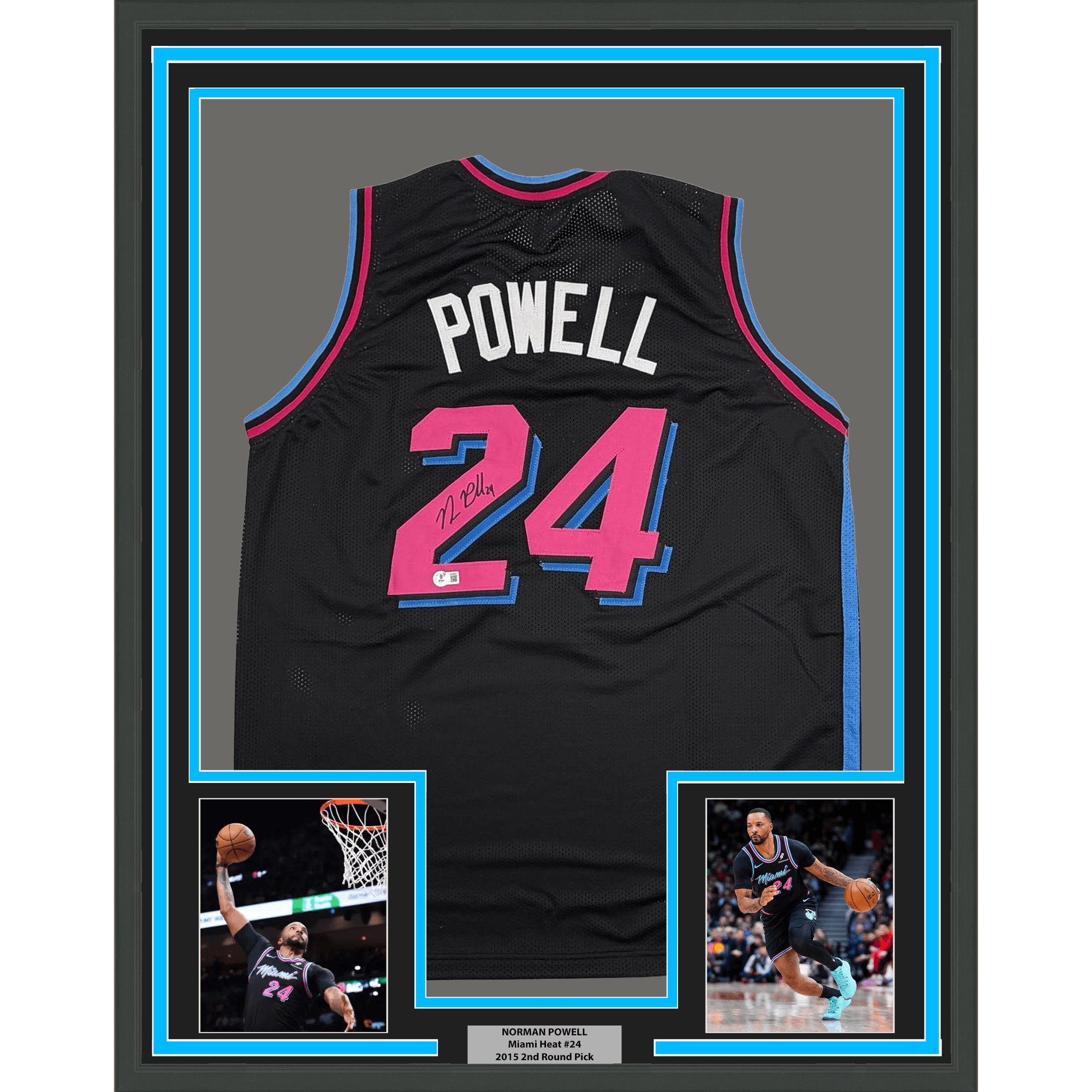 Framed Autographed/Signed Norman Powell 35x39 Miami Black Vice City Basketball Jersey Beckett BAS COA