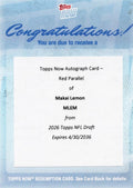 2026 Topps Now Makai Lemon #MLEM Red Auto /5 Eagles 20th Overall 2026 NFL Draft Selection Philadelphia Eagles Rookie RC Redemption Football Card