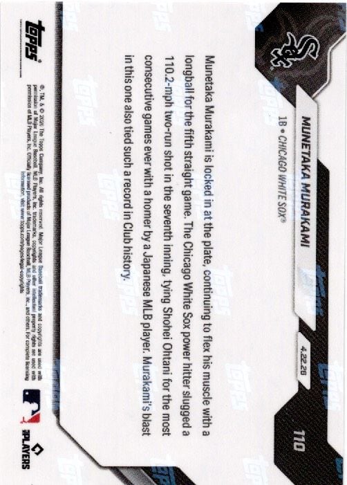 2026 Topps Now Munetaka Murakami #110 Black Foil /10 5th Straight Game with Home Run Ties Ohtanis Mark Chicago White Sox Rookie RC Baseball Card