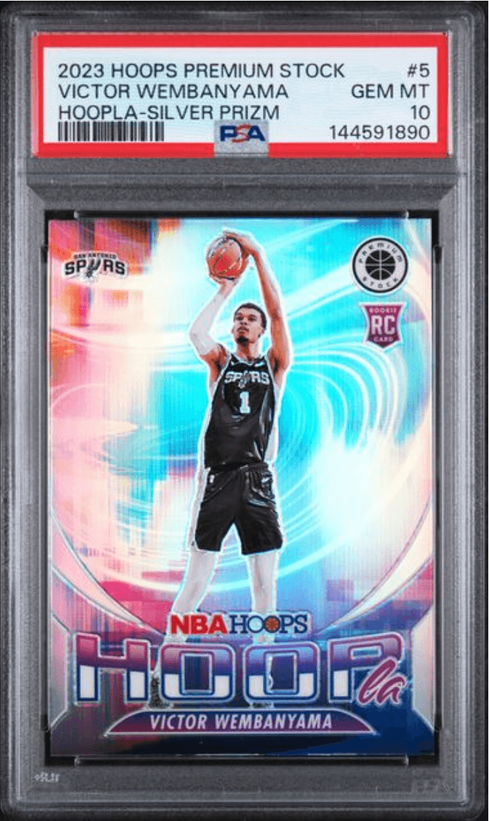 Graded 2023 Panini Hoops Premium Stock Victor Wembanyama #5 Hoopla Silver Prizm Rookie RC Basketball Card PSA 10 Gem Mint