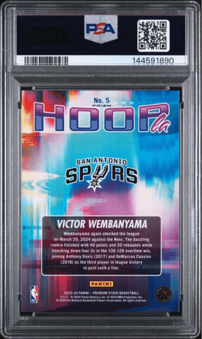 Graded 2023 Panini Hoops Premium Stock Victor Wembanyama #5 Hoopla Silver Prizm Rookie RC Basketball Card PSA 10 Gem Mint