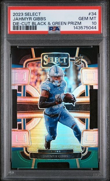 Graded 2023 Panini Select Jahmyr Gibbs #34 Die Cut Black & Green Prizm Rookie RC Football Card PSA 10 Gem Mint