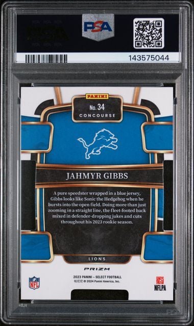 Graded 2023 Panini Select Jahmyr Gibbs #34 Die Cut Black & Green Prizm Rookie RC Football Card PSA 10 Gem Mint