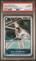 Graded 2024 One Piece Dracule Mihawk #005 PRB01 Jolly Roger Foil Trading Card Game PSA 10 Gem Mint