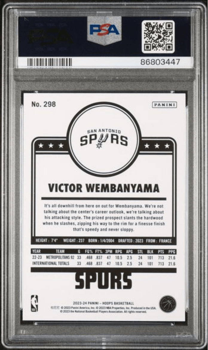 Graded 2023 Panini Hoops Victor Wembanyama #298 Rookie RC Basketball Card PSA 9 Mint