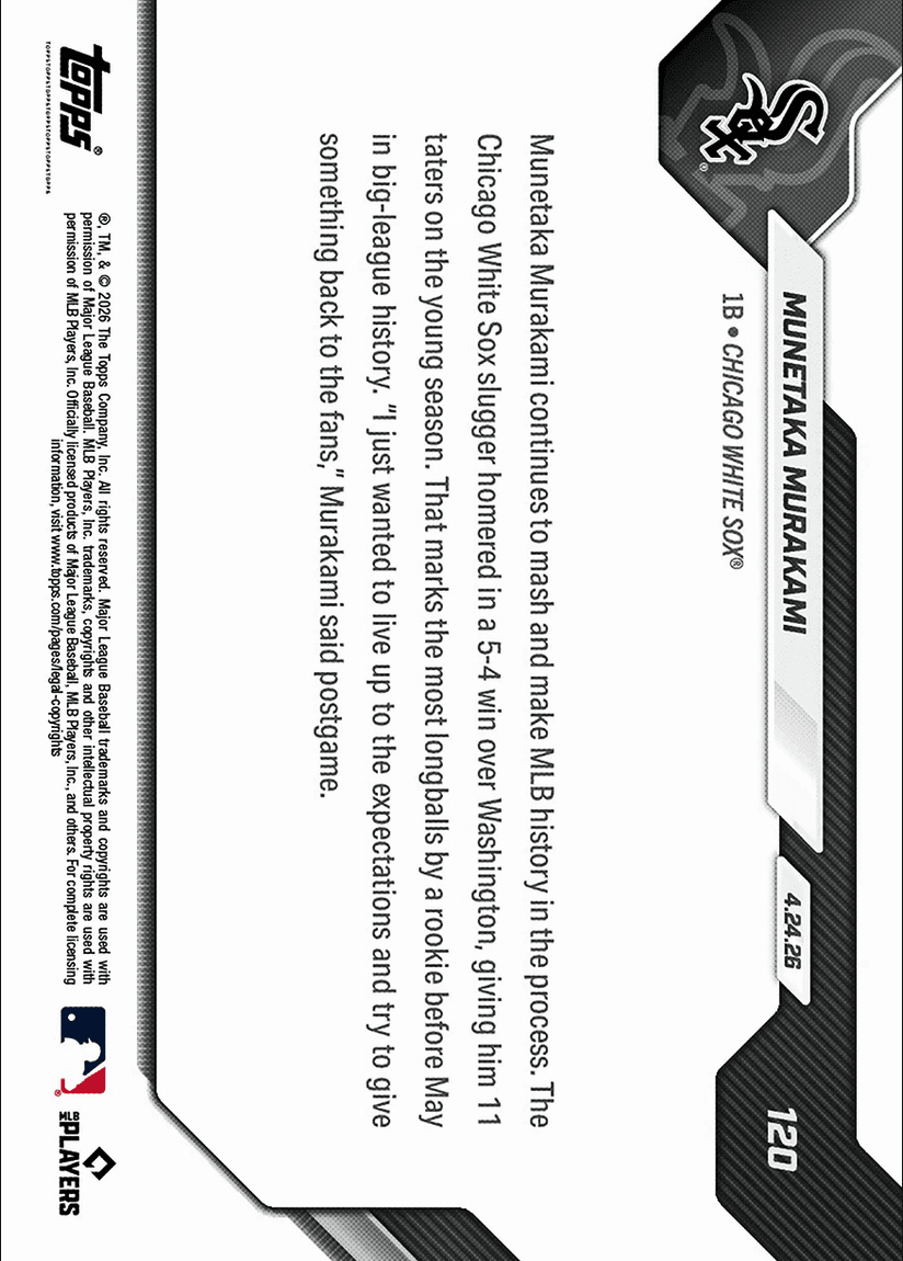 2026 Topps Now Munetaka Murakami #120 11 Home Runs Are Most By Rookie Before May in MLB Lore Chicago White Sox Rookie RC Baseball Card