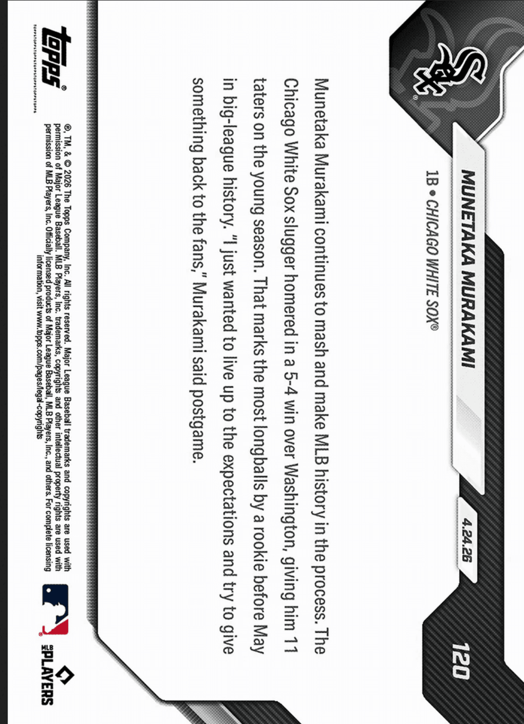 2026 Topps Now Munetaka Murakami #120 Gold Foil /50 11 Home Runs Are Most By Rookie Before May in MLB Lore Chicago White Sox Rookie RC Baseball Card