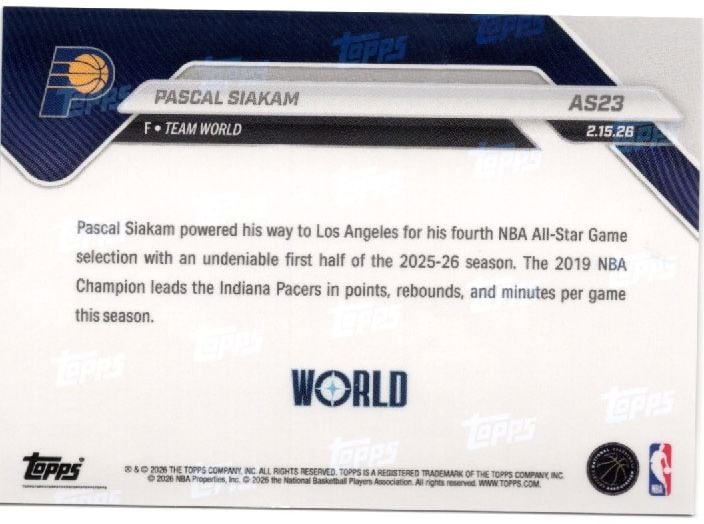 2025 Topps Now Pascal Siakam #AS23 Platinum Member Stamp 2026 NBA All Star 4th Selection Indiana Pacers Basketball Card