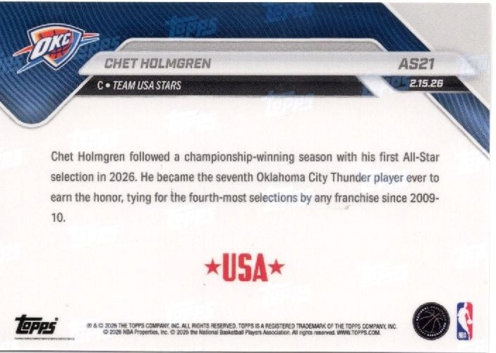 2025 Topps Now Chet Holmgren #AS21 Platinum Member Stamp 2026 NBA All Star 1st Selection Oklahoma City Thunder Basketball Card