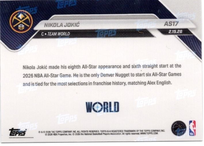 2025 Topps Now Nikola Jokic #AS17 Platinum Member Stamp 2026 NBA All Star 8th Selection Denver Nuggets Basketball Card