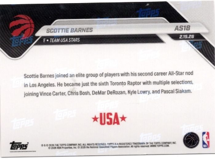2025 Topps Now Scottie Barnes #AS18 Platinum Member Stamp 2026 NBA All Star 2nd Selection Toronto Raptors Basketball Card