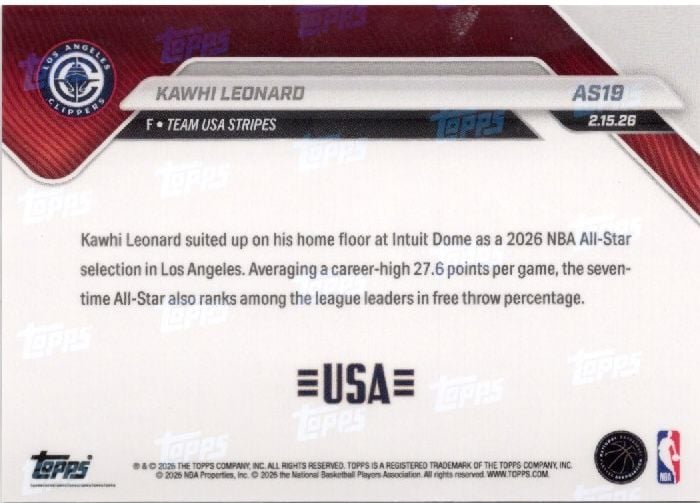 2025 Topps Now Kawhi Leonard #AS19 Platinum Member Stamp 2026 NBA All Star 7th Selection Los Angeles Clippers Basketball Card